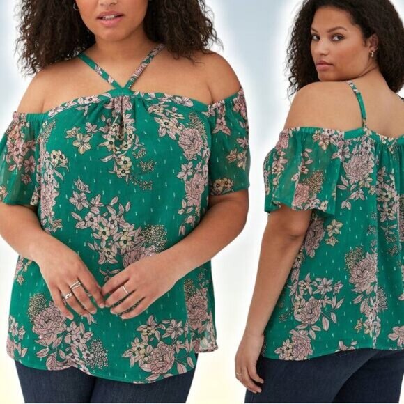 TORRID Cold Shoulder Crinkle Chiffon Floral Green Halter Top Sz Large - Picture 1 of 9